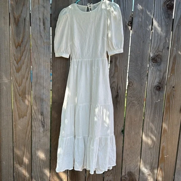 Reformation Chicago Dress White Tiered Maxi Midi Open Back Tie 1/2 Sleeve 0/XS - Picture 3 of 12
